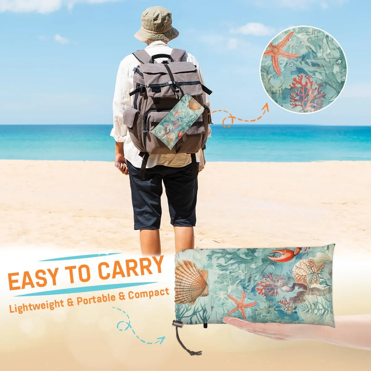 Ocean Crab Beach Blanket, Sandproof Beach Mat, Adults Waterproof Quick Drying Sand Free Mat with 4 x Ground Spikes for Outdoor Travel Camping Hiking, Sea Animals Theme