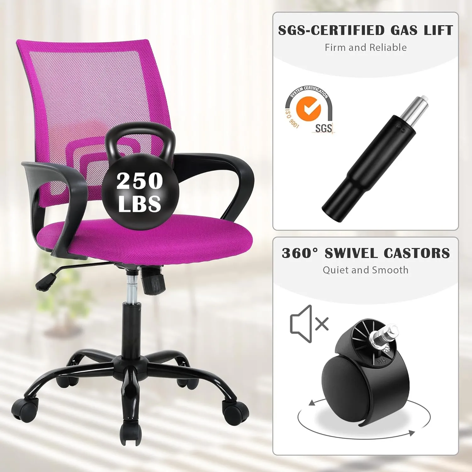 Office Chair, Adjustable Computer Chair with Lumbar Support, Office Desk Chair with Breathable Mesh Backrest, Home Office Desk Chairs for Student, Adults, Study, Dorm, Small Computer Chair, Pink