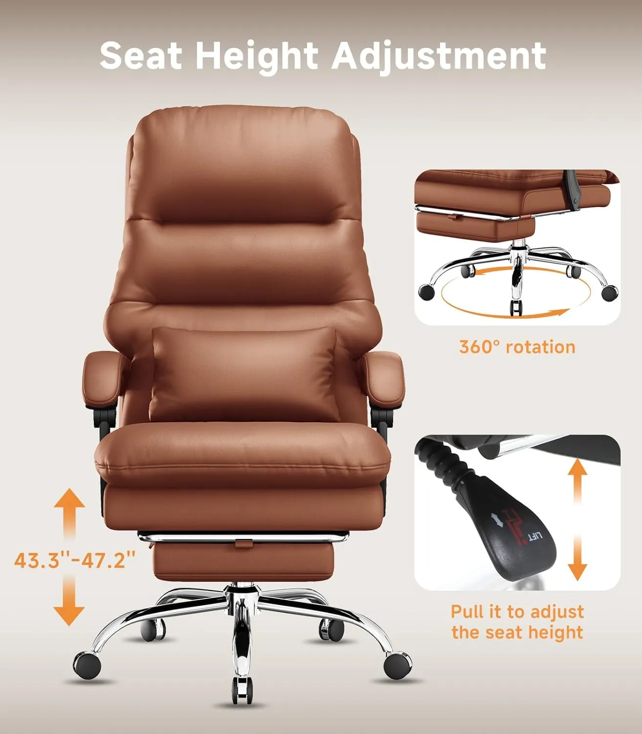 Office Chair, Big and Tall Office Desk Chair, Ergonomic Office Chair, 400LBS PU Leather Computer Chairs, Executive Chair with Foot Rest and Lumbar Pillow (Bright Brown)