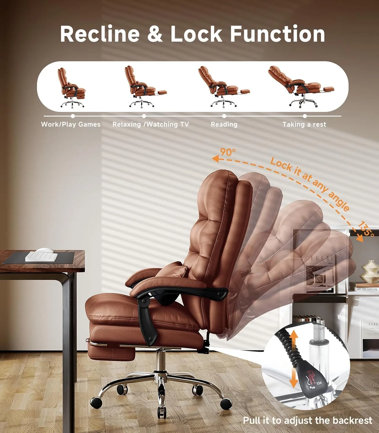 Office Chair, Big and Tall Office Desk Chair, Ergonomic Office Chair, 400LBS PU Leather Computer Chairs, Executive Chair with Foot Rest and Lumbar Pillow (Bright Brown)