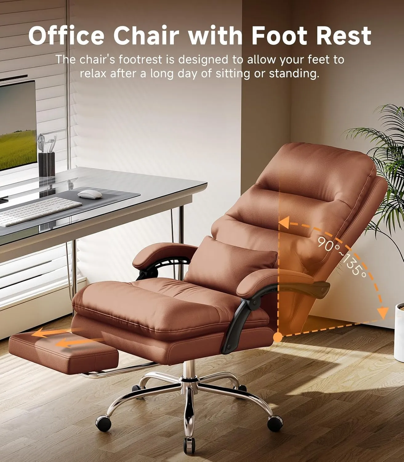 Office Chair, Big and Tall Office Desk Chair, Ergonomic Office Chair, 400LBS PU Leather Computer Chairs, Executive Chair with Foot Rest and Lumbar Pillow (Bright Brown)