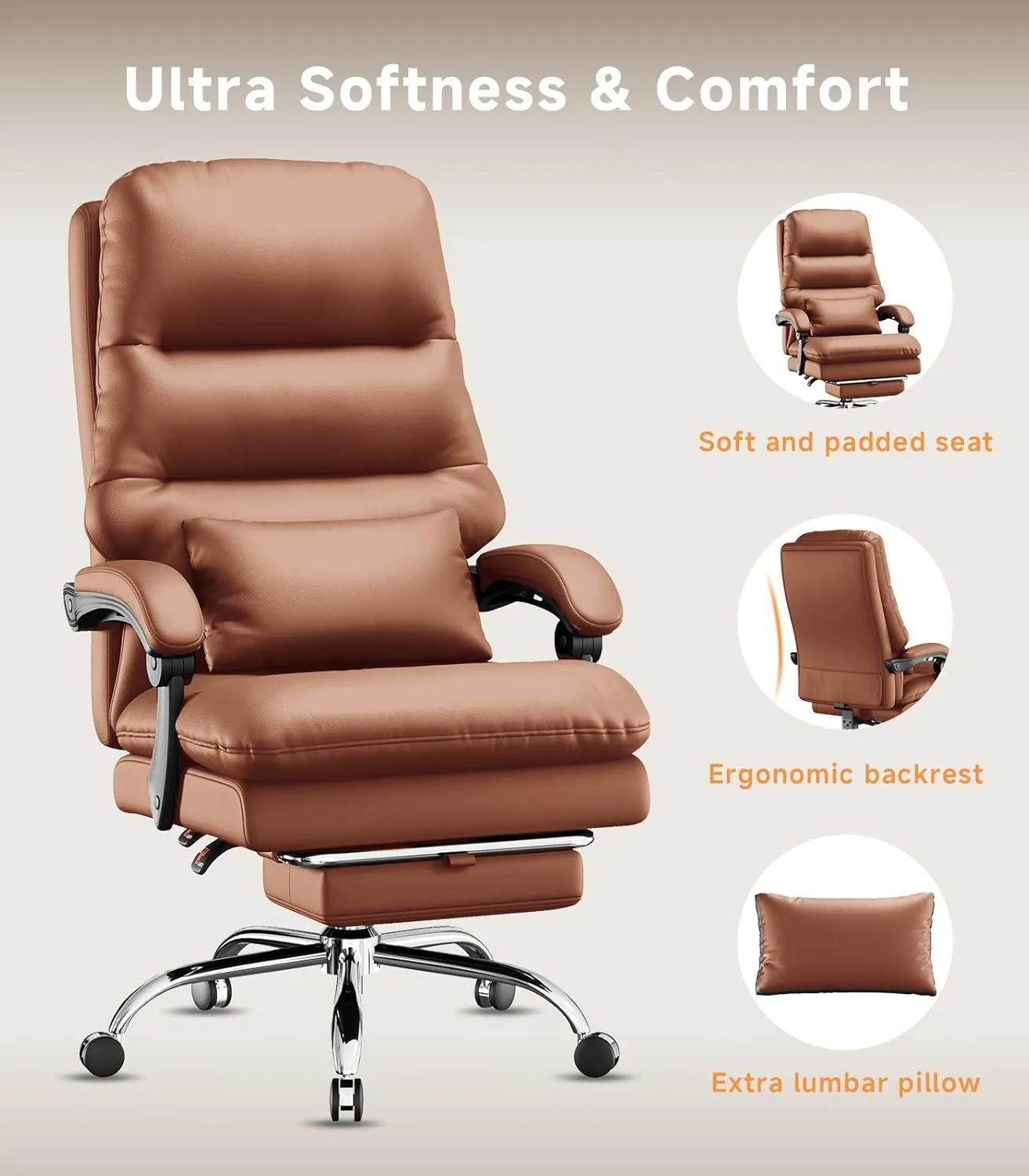 Office Chair, Big and Tall Office Desk Chair, Ergonomic Office Chair, 400LBS PU Leather Computer Chairs, Executive Chair with Foot Rest and Lumbar Pillow (Bright Brown)