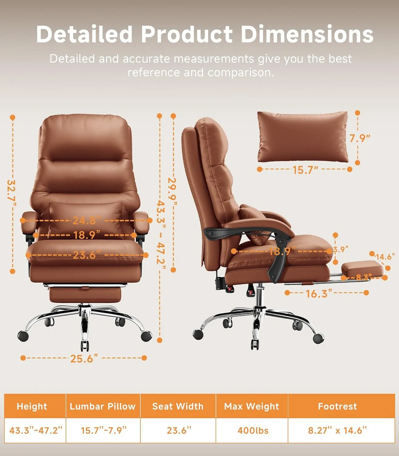 Office Chair, Big and Tall Office Desk Chair, Ergonomic Office Chair, 400LBS PU Leather Computer Chairs, Executive Chair with Foot Rest and Lumbar Pillow (Bright Brown)