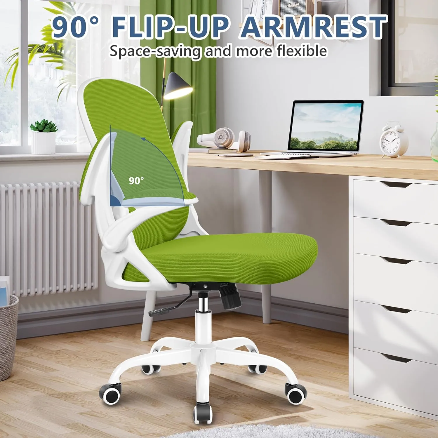 Office Chair Desk Chair, Ergonomic Mesh Computer Chair Home Office Desk Chairs, Swivel Task Chair Mid Back Breathable Rolling Chair with Adjustable Lumbar Support Flip Up Armrest (Green)