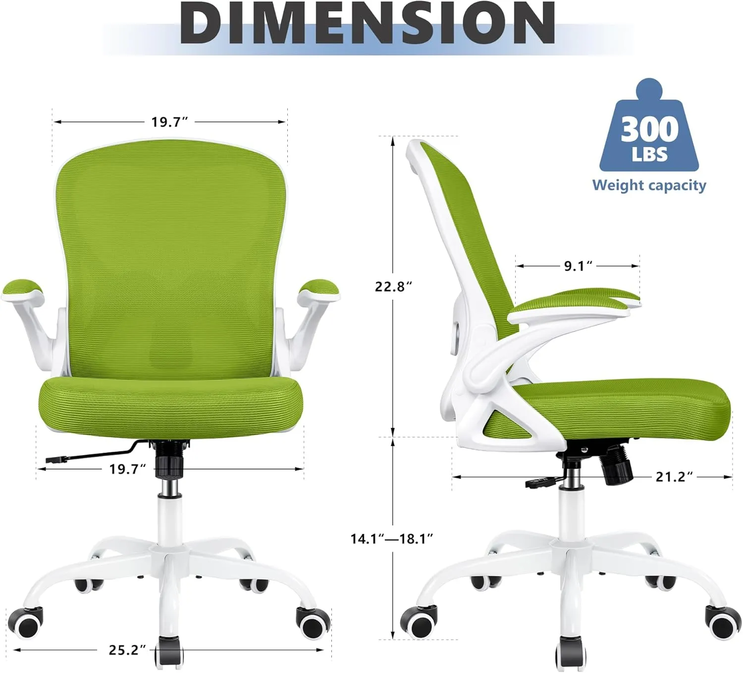 Office Chair Desk Chair, Ergonomic Mesh Computer Chair Home Office Desk Chairs, Swivel Task Chair Mid Back Breathable Rolling Chair with Adjustable Lumbar Support Flip Up Armrest (Green)