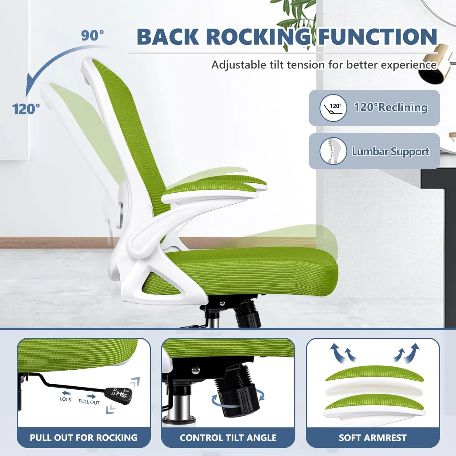 Office Chair Desk Chair, Ergonomic Mesh Computer Chair Home Office Desk Chairs, Swivel Task Chair Mid Back Breathable Rolling Chair with Adjustable Lumbar Support Flip Up Armrest (Green)