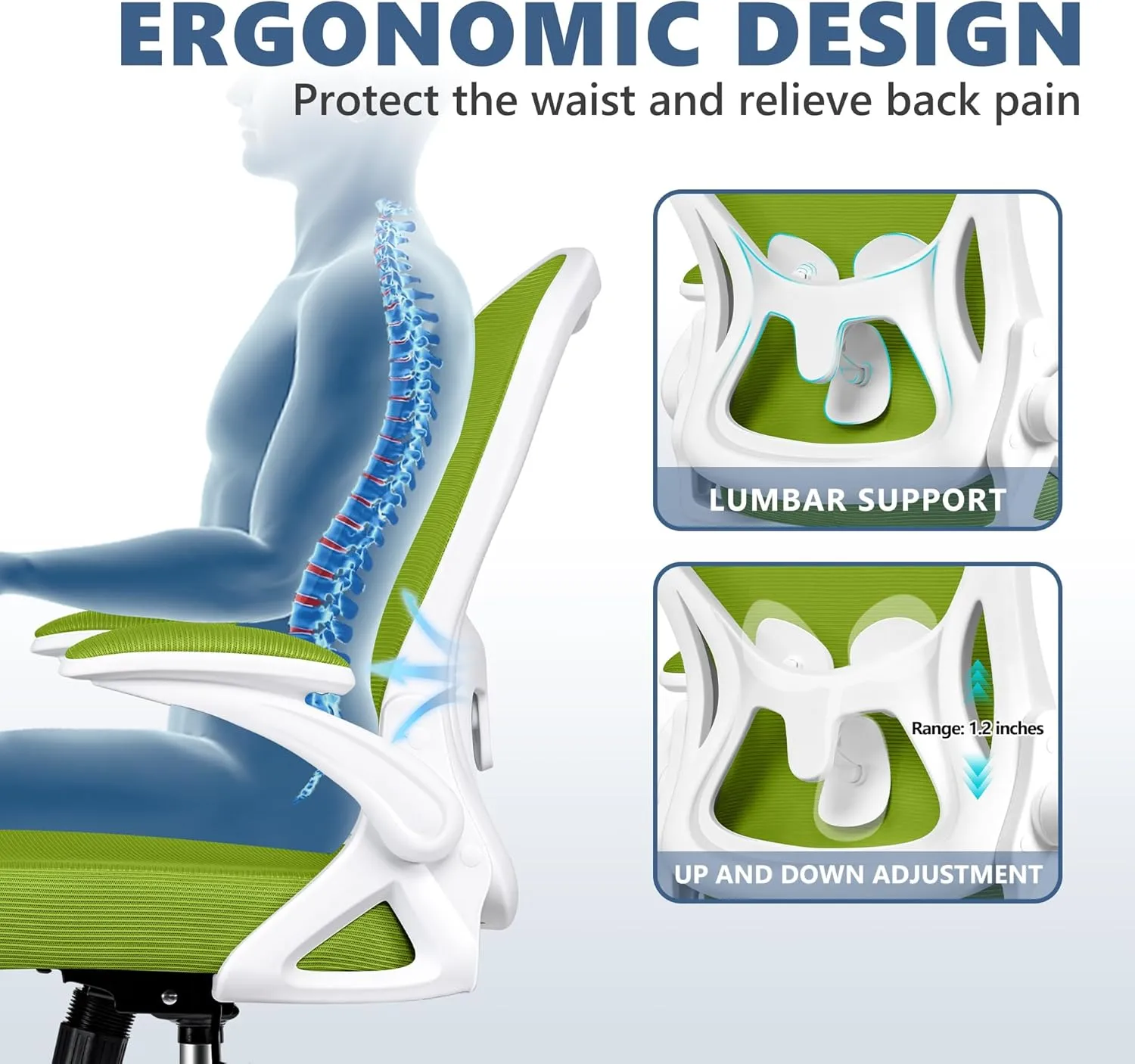 Office Chair Desk Chair, Ergonomic Mesh Computer Chair Home Office Desk Chairs, Swivel Task Chair Mid Back Breathable Rolling Chair with Adjustable Lumbar Support Flip Up Armrest (Green)