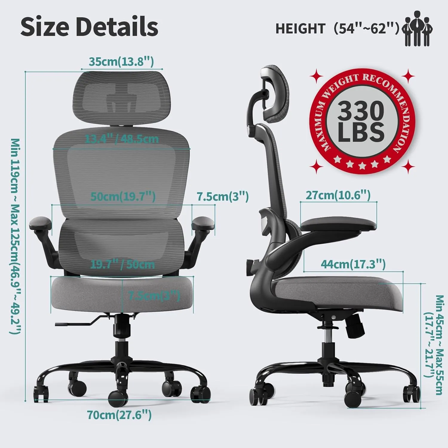Office Chair Ergonomic Desk Chair, 330 LBS Home Mesh Office Desk Chairs with Wheels, Comfortable Gaming Chair, High Back Office Chair for Long Hours (Black Grey)
