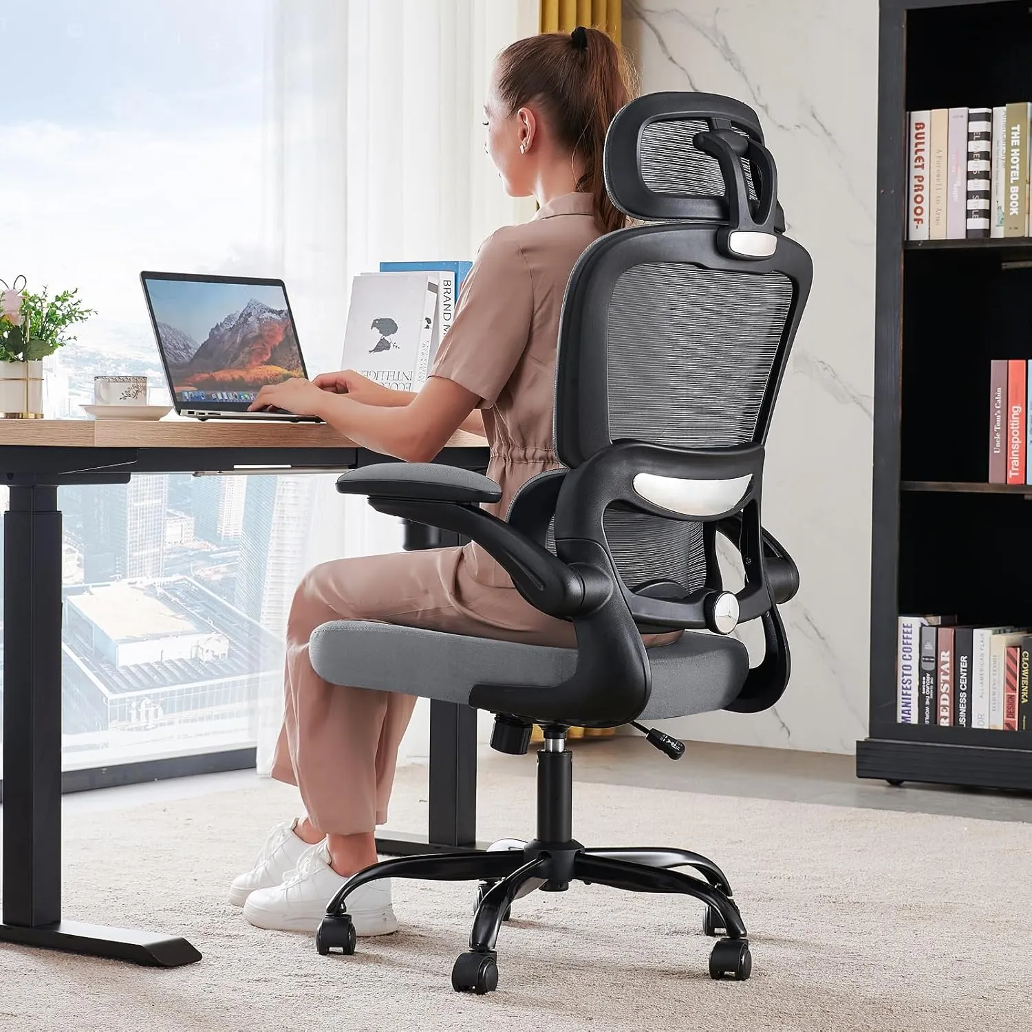 Office Chair Ergonomic Desk Chair, 330 LBS Home Mesh Office Desk Chairs with Wheels, Comfortable Gaming Chair, High Back Office Chair for Long Hours (Black Grey)