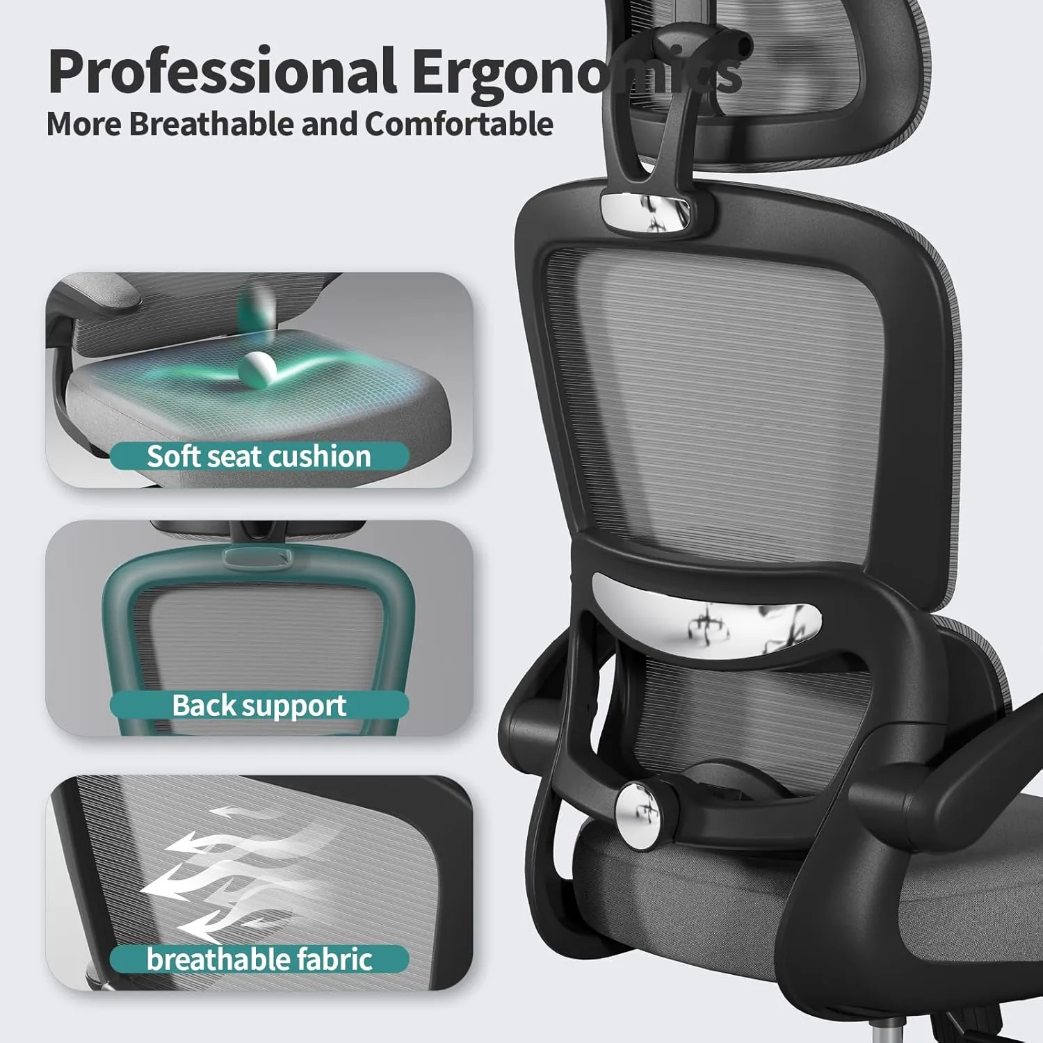 Office Chair Ergonomic Desk Chair, 330 LBS Home Mesh Office Desk Chairs with Wheels, Comfortable Gaming Chair, High Back Office Chair for Long Hours (Black Grey)