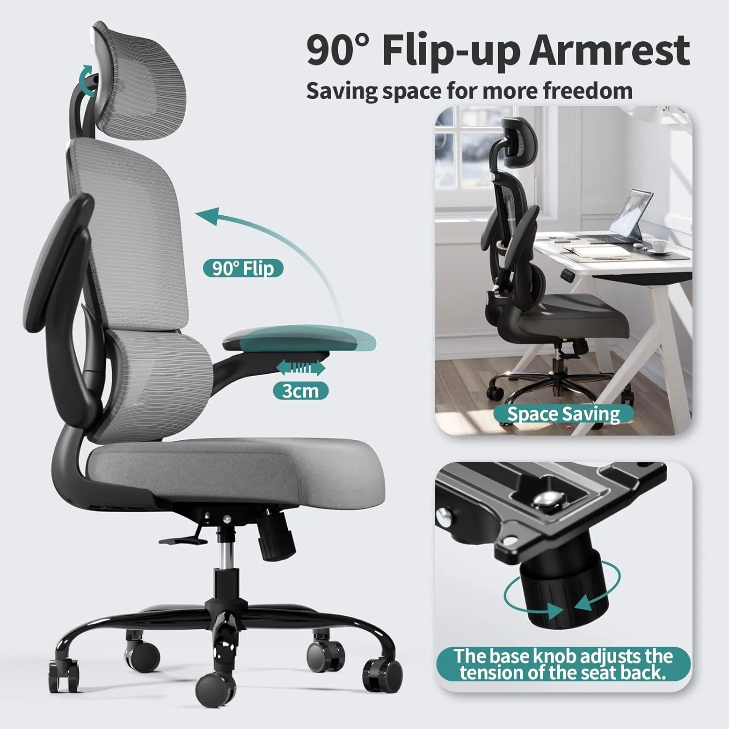 Office Chair Ergonomic Desk Chair, 330 LBS Home Mesh Office Desk Chairs with Wheels, Comfortable Gaming Chair, High Back Office Chair for Long Hours (Black Grey)