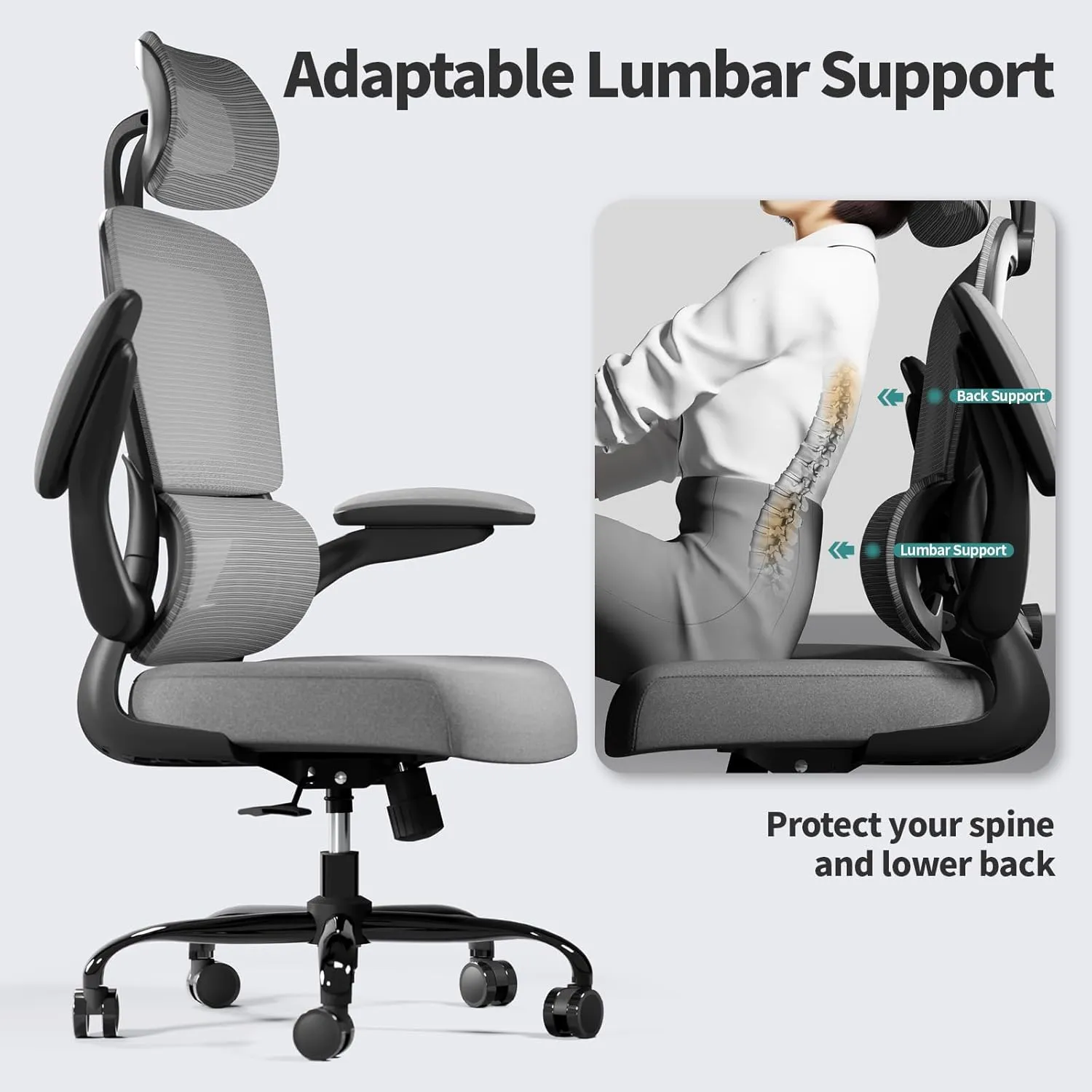 Office Chair Ergonomic Desk Chair, 330 LBS Home Mesh Office Desk Chairs with Wheels, Comfortable Gaming Chair, High Back Office Chair for Long Hours (Black Grey)