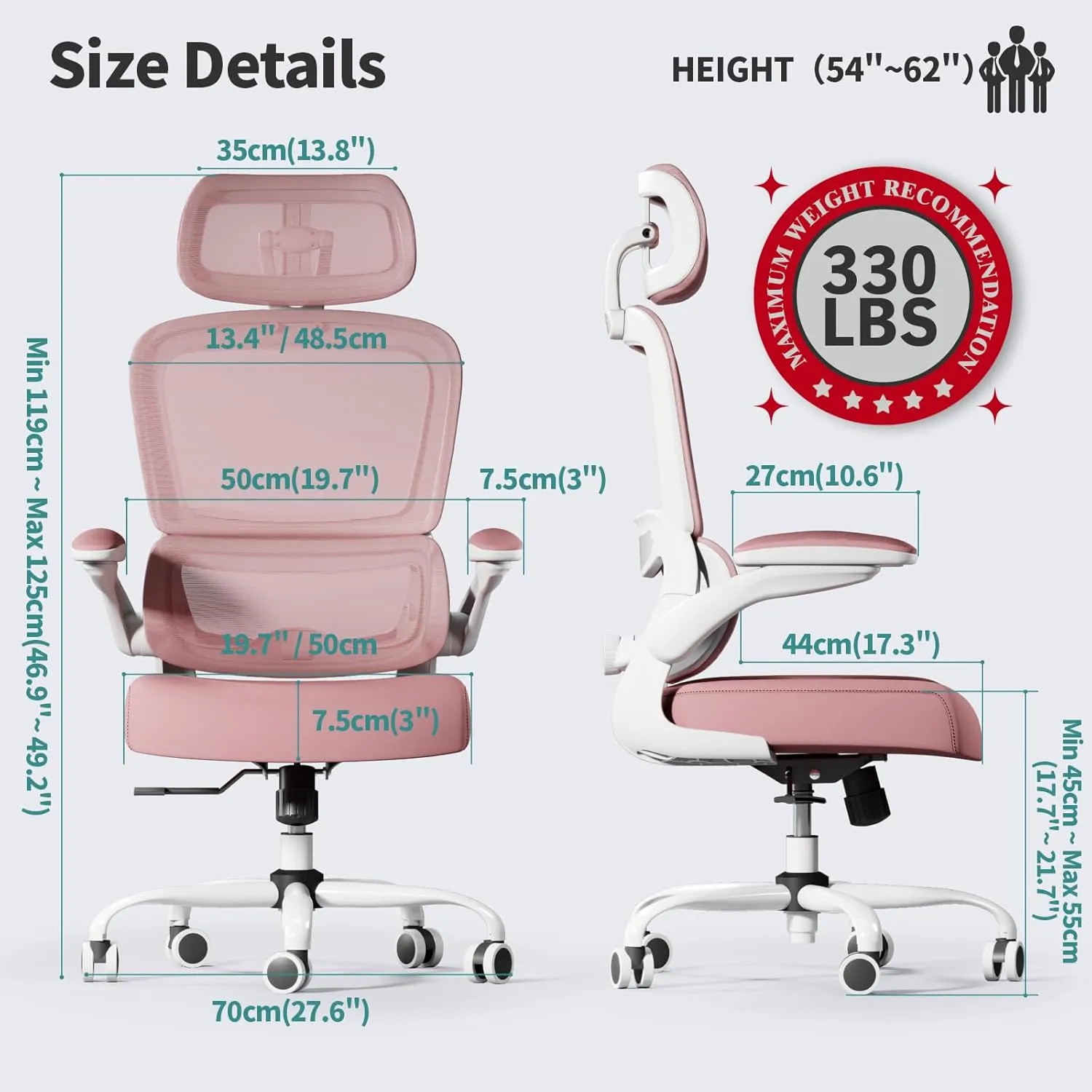 Office Chair Ergonomic Desk Chair, 330 LBS Home Mesh Office Desk Chairs with Wheels, Comfortable Gaming Chair, High Back Office Chair for Long Hours (Pink)