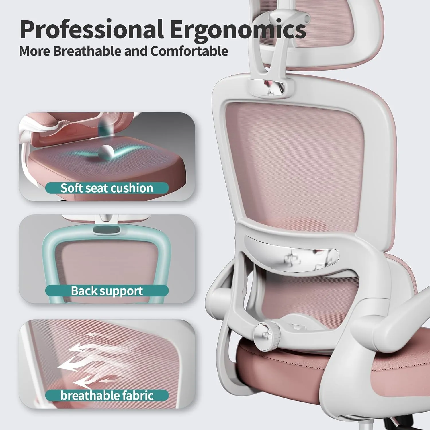 Office Chair Ergonomic Desk Chair, 330 LBS Home Mesh Office Desk Chairs with Wheels, Comfortable Gaming Chair, High Back Office Chair for Long Hours (Pink)
