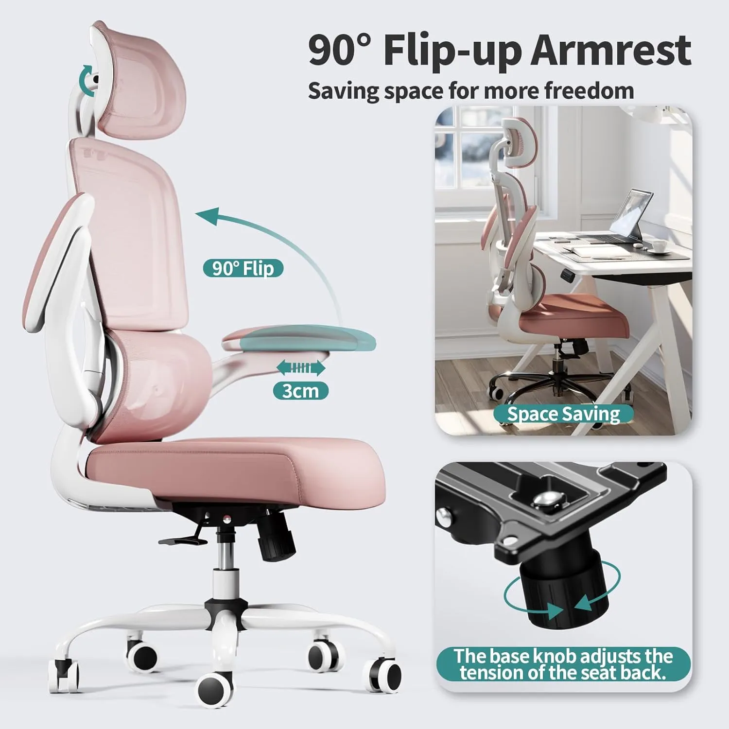 Office Chair Ergonomic Desk Chair, 330 LBS Home Mesh Office Desk Chairs with Wheels, Comfortable Gaming Chair, High Back Office Chair for Long Hours (Pink)