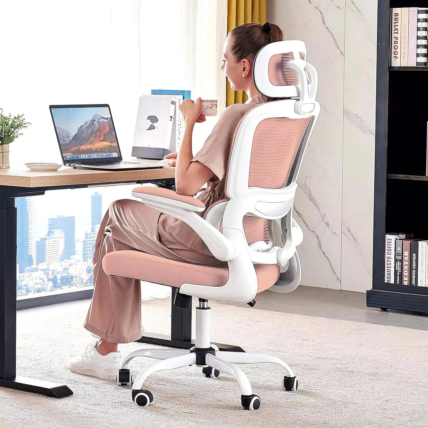 Office Chair Ergonomic Desk Chair, 330 LBS Home Mesh Office Desk Chairs with Wheels, Comfortable Gaming Chair, High Back Office Chair for Long Hours (Pink)