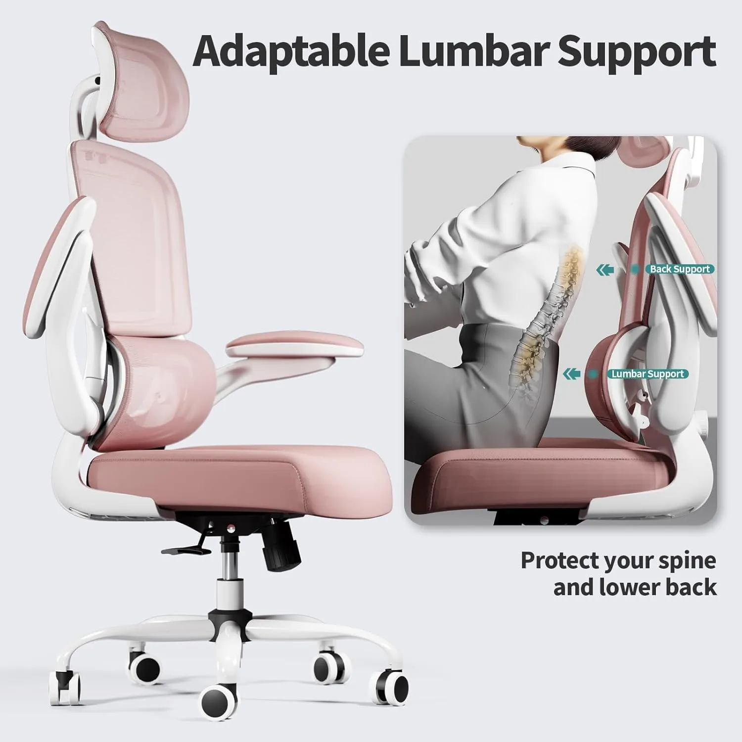 Office Chair Ergonomic Desk Chair, 330 LBS Home Mesh Office Desk Chairs with Wheels, Comfortable Gaming Chair, High Back Office Chair for Long Hours (Pink)