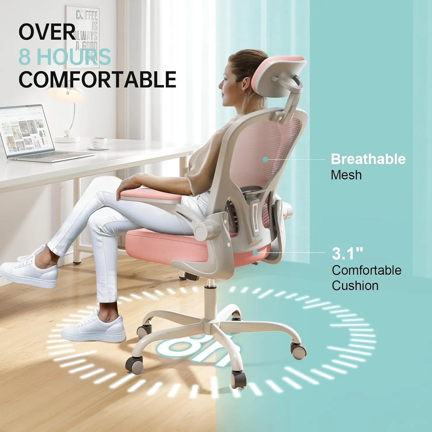Office Chair Ergonomic Desk Chair, 330LBS Capacity, High Back Computer Chair for Long Hours Comfortable, Rolling Swivel Executive Task Chair for Home Office with Flip-up Armrests, Grey Pink
