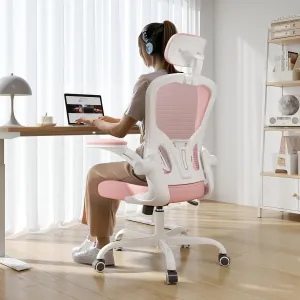Office Chair Ergonomic Desk Chair, 330LBS Capacity, High Back Computer Chair for Long Hours Comfortable, Rolling Swivel Executive Task Chair for Home Office with Flip-up Armrests, White Pink