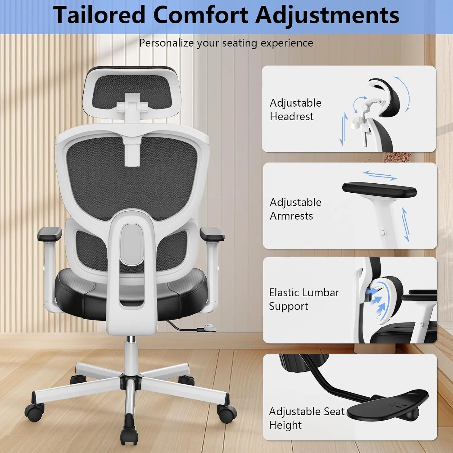 Office Chair, Ergonomic Desk Chair, High Back Desk Chair, Big and Tall Reclining Comfy Home Office Chair with Lumbar Support Breathable Mesh Computer Chair Adjustable Armrests