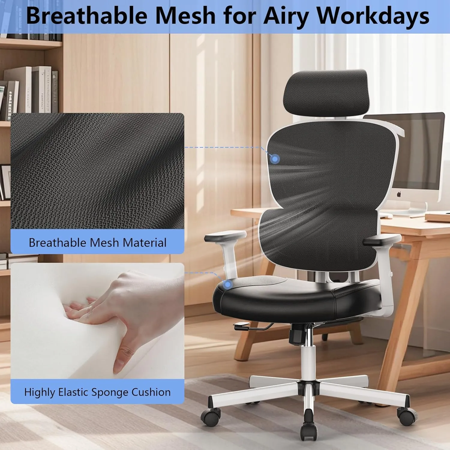Office Chair, Ergonomic Desk Chair, High Back Desk Chair, Big and Tall Reclining Comfy Home Office Chair with Lumbar Support Breathable Mesh Computer Chair Adjustable Armrests