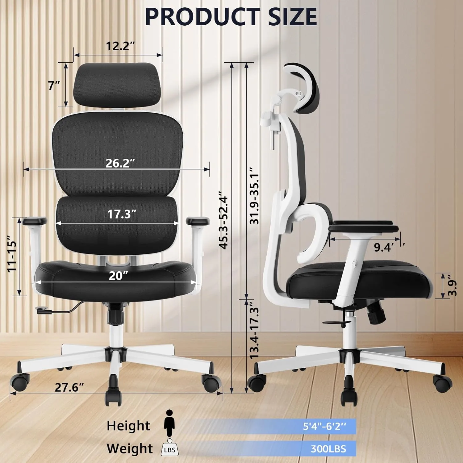 Office Chair, Ergonomic Desk Chair, High Back Desk Chair, Big and Tall Reclining Comfy Home Office Chair with Lumbar Support Breathable Mesh Computer Chair Adjustable Armrests