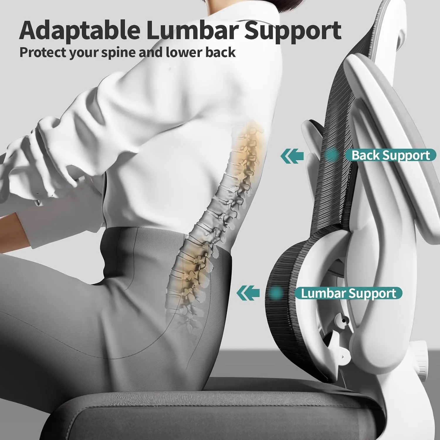 Office Chair - Ergonomic Desk Chair with Adjustable Lumbar Support, Mesh Computer Chair, Executive Chairs for Home Office Comfortable Lumbar Support (White)