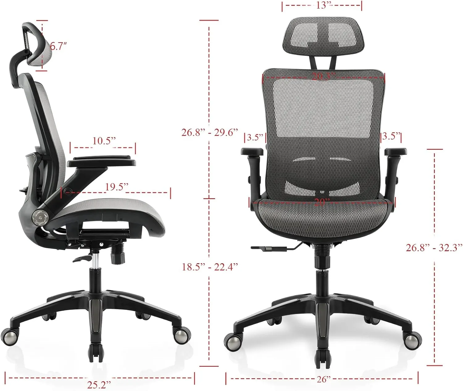 Office Chair Ergonomic Mesh Chair High Back Computer Desk Chair with 3D Armrest Adjustable Lumbar Support and Headrest Receling Chair, Grey