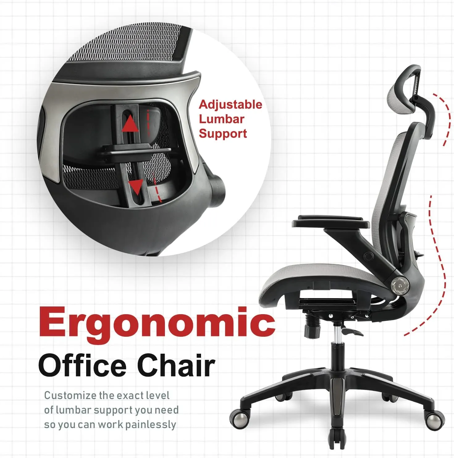 Office Chair Ergonomic Mesh Chair High Back Computer Desk Chair with 3D Armrest Adjustable Lumbar Support and Headrest Receling Chair, Grey