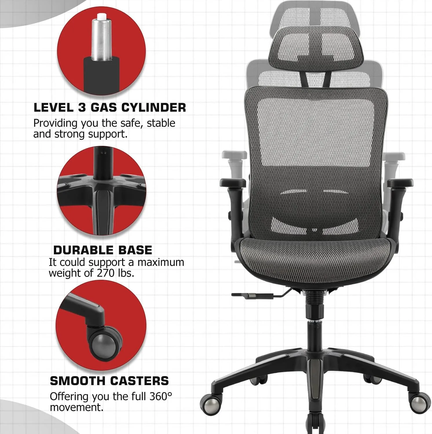 Office Chair Ergonomic Mesh Chair High Back Computer Desk Chair with 3D Armrest Adjustable Lumbar Support and Headrest Receling Chair, Grey