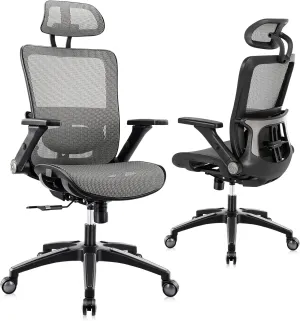 Office Chair Ergonomic Mesh Chair High Back Computer Desk Chair with 3D Armrest Adjustable Lumbar Support and Headrest Receling Chair, Grey
