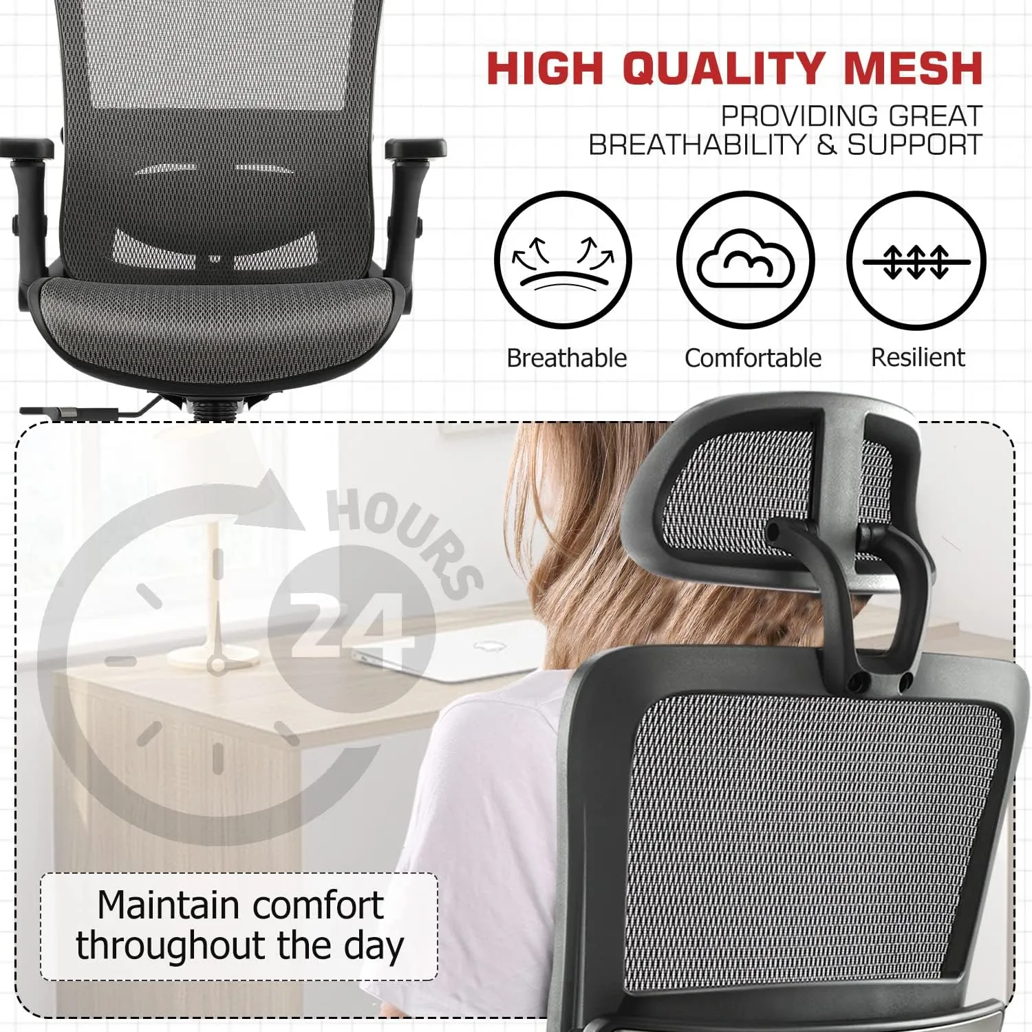 Office Chair Ergonomic Mesh Chair High Back Computer Desk Chair with 3D Armrest Adjustable Lumbar Support and Headrest Receling Chair, Grey