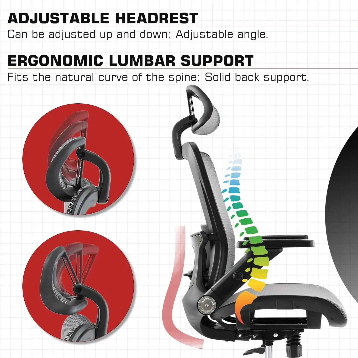 Office Chair Ergonomic Mesh Chair High Back Computer Desk Chair with 3D Armrest Adjustable Lumbar Support and Headrest Receling Chair, Grey