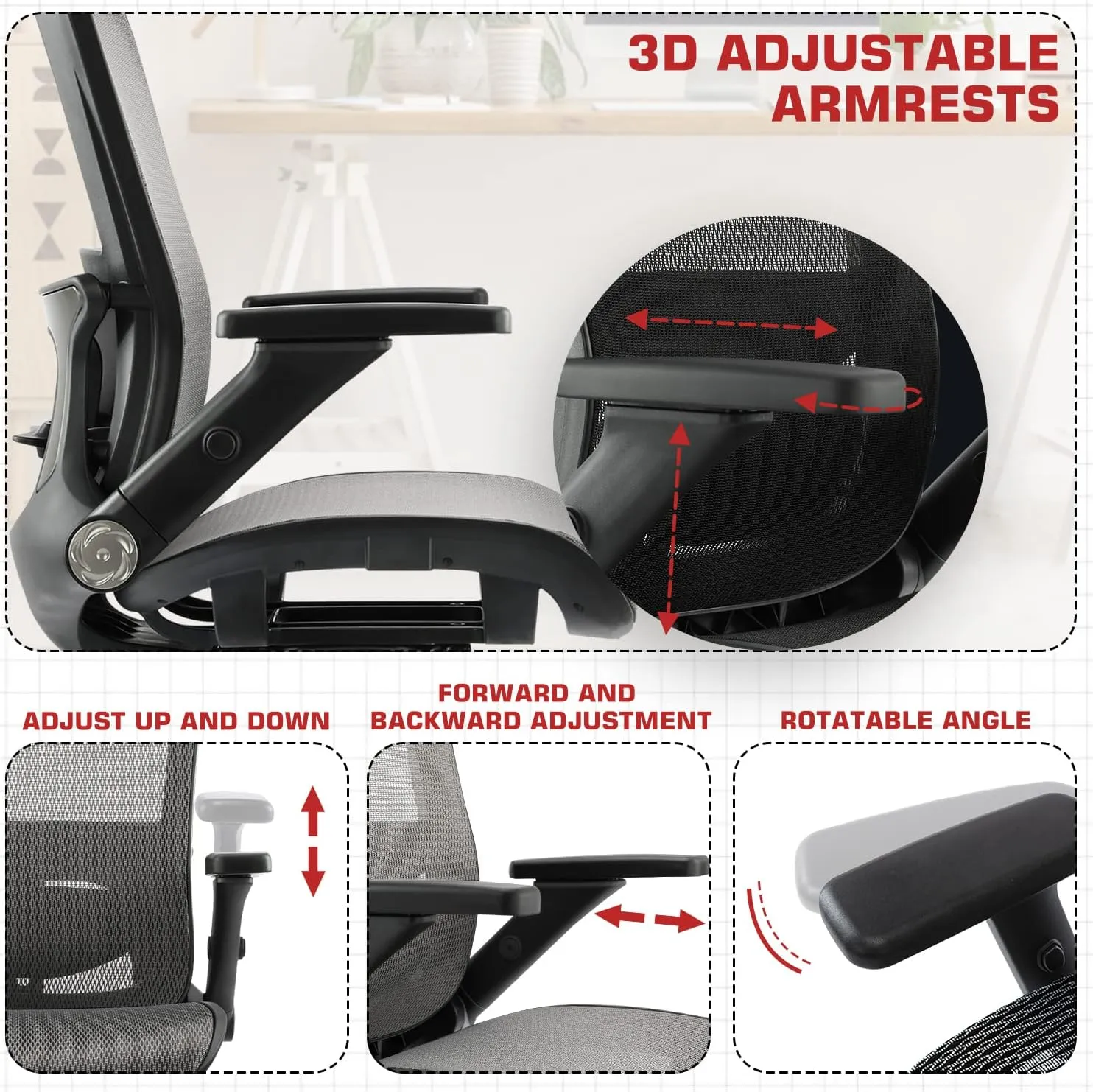 Office Chair Ergonomic Mesh Chair High Back Computer Desk Chair with 3D Armrest Adjustable Lumbar Support and Headrest Receling Chair, Grey