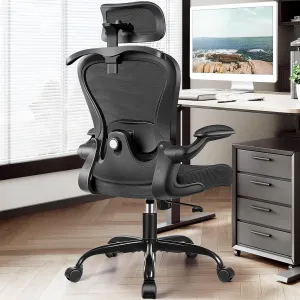 Office Chair, Ergonomic Office Chair with 3D Lumbar Support 3D Headrest, Comfy High Back Home Desk Chairs, Breathable Mesh Computer Chairs with Flip-Up Armrests & Hanger,Black