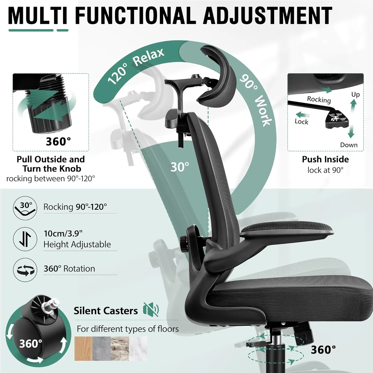 Office Chair, Ergonomic Office Chair with 3D Lumbar Support 3D Headrest, Comfy High Back Home Desk Chairs, Breathable Mesh Computer Chairs with Flip-Up Armrests & Hanger,Black