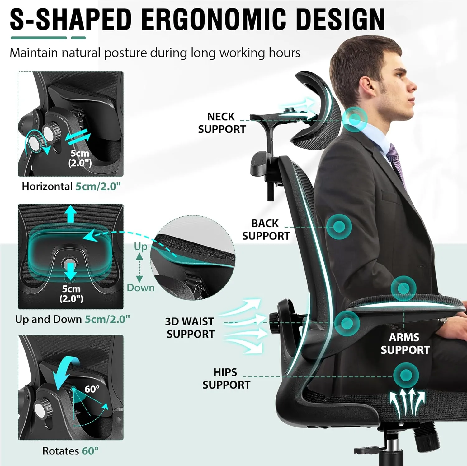 Office Chair, Ergonomic Office Chair with 3D Lumbar Support 3D Headrest, Comfy High Back Home Desk Chairs, Breathable Mesh Computer Chairs with Flip-Up Armrests & Hanger,Black