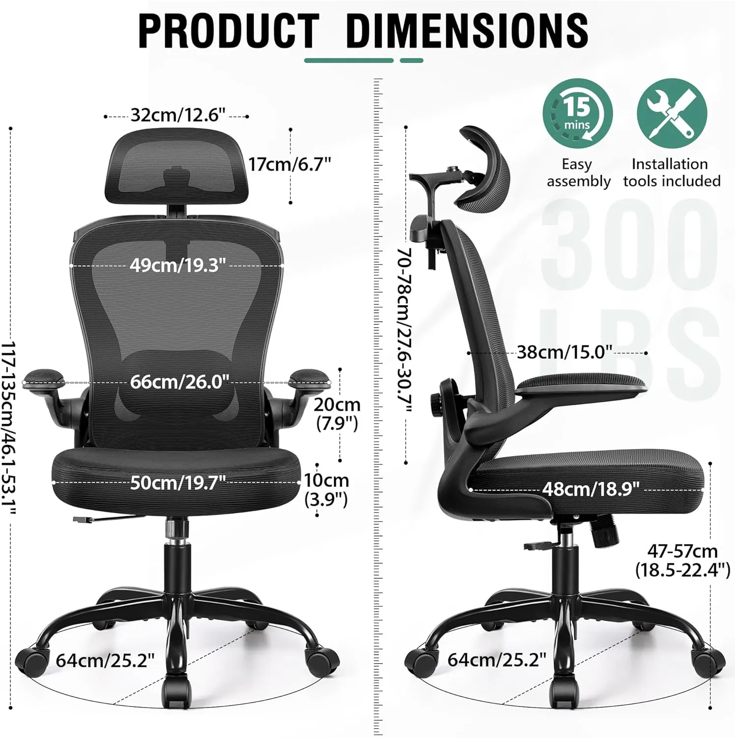 Office Chair, Ergonomic Office Chair with 3D Lumbar Support 3D Headrest, Comfy High Back Home Desk Chairs, Breathable Mesh Computer Chairs with Flip-Up Armrests & Hanger,Black