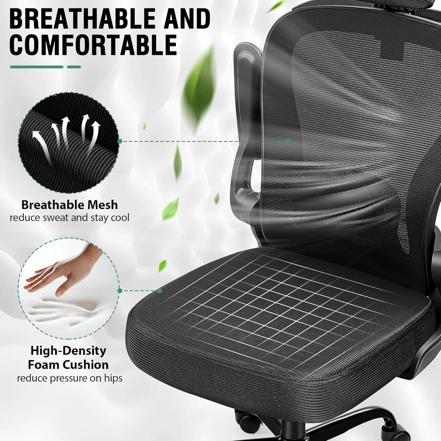 Office Chair, Ergonomic Office Chair with 3D Lumbar Support 3D Headrest, Comfy High Back Home Desk Chairs, Breathable Mesh Computer Chairs with Flip-Up Armrests & Hanger,Black