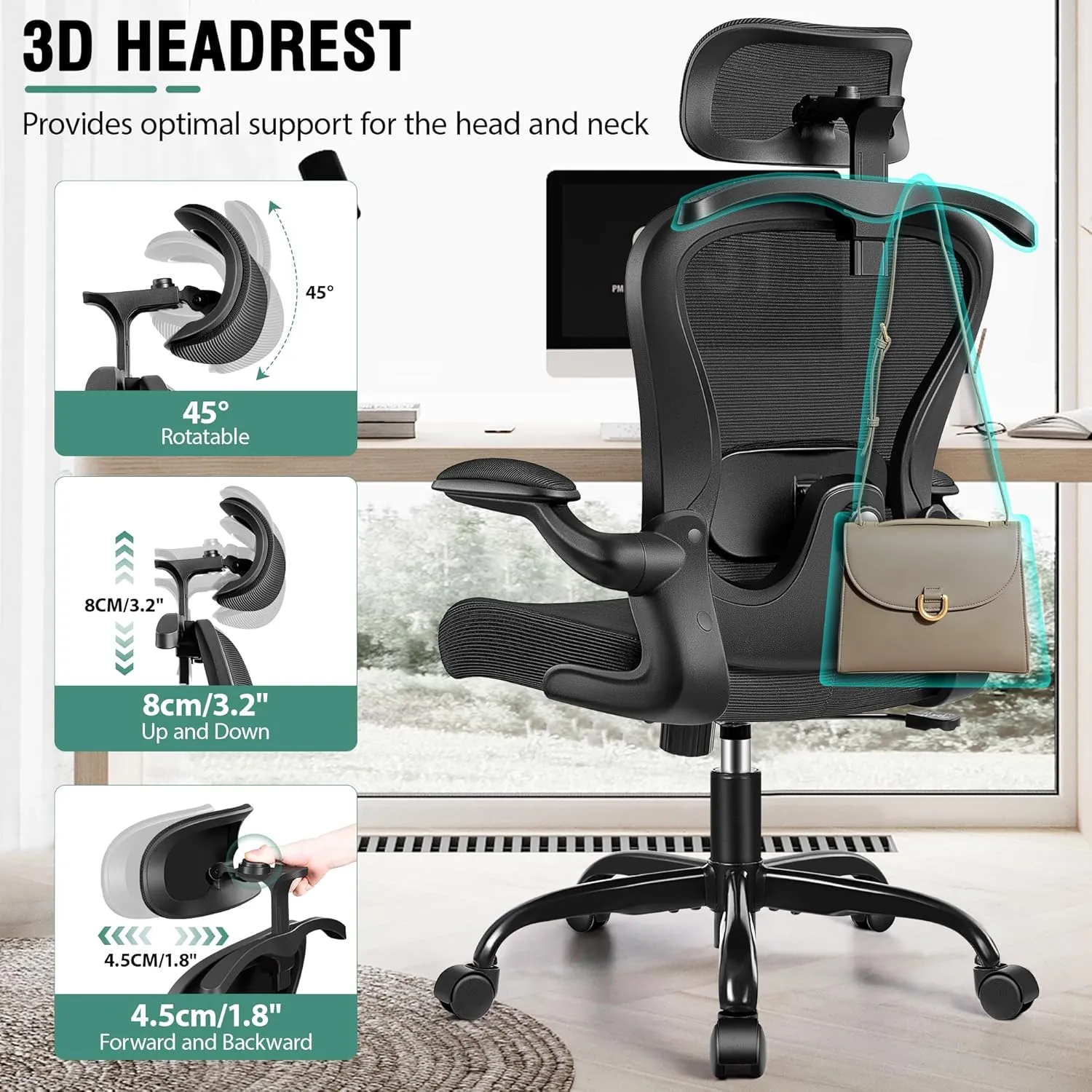 Office Chair, Ergonomic Office Chair with 3D Lumbar Support 3D Headrest, Comfy High Back Home Desk Chairs, Breathable Mesh Computer Chairs with Flip-Up Armrests & Hanger,Black