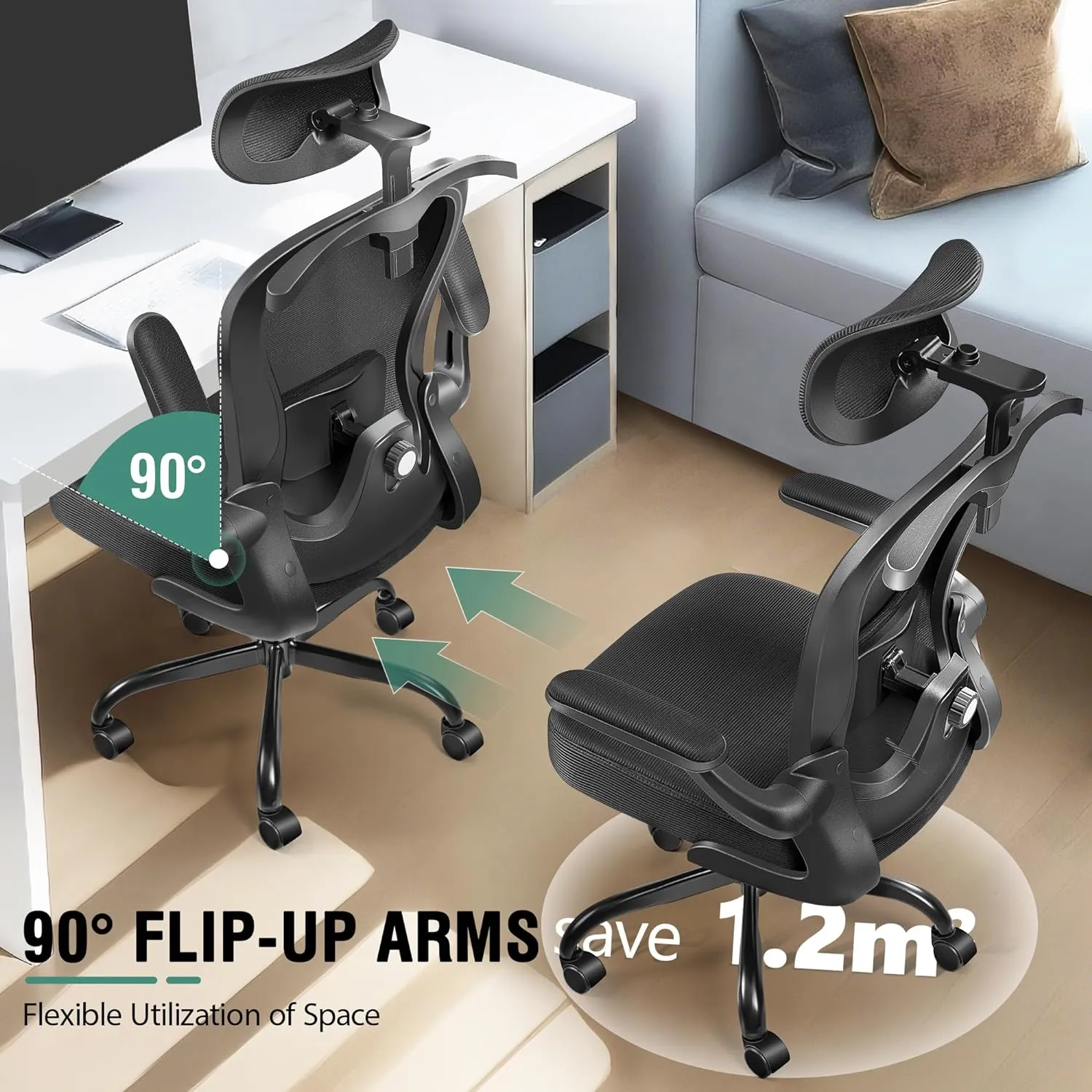 Office Chair, Ergonomic Office Chair with 3D Lumbar Support 3D Headrest, Comfy High Back Home Desk Chairs, Breathable Mesh Computer Chairs with Flip-Up Armrests & Hanger,Black