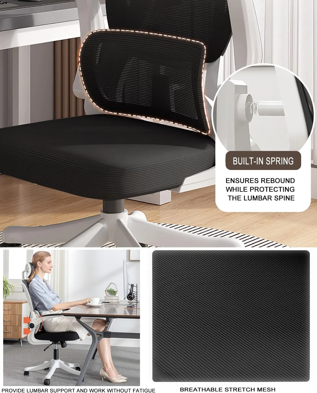 Office Chair High Back Ergonomic Computer Office Chair with Lumbar Support Adjustable Headrest 3D Armrest and Lumbar Support for Swivel Mesh Chair for Work, Study, Gaming Black White Chair
