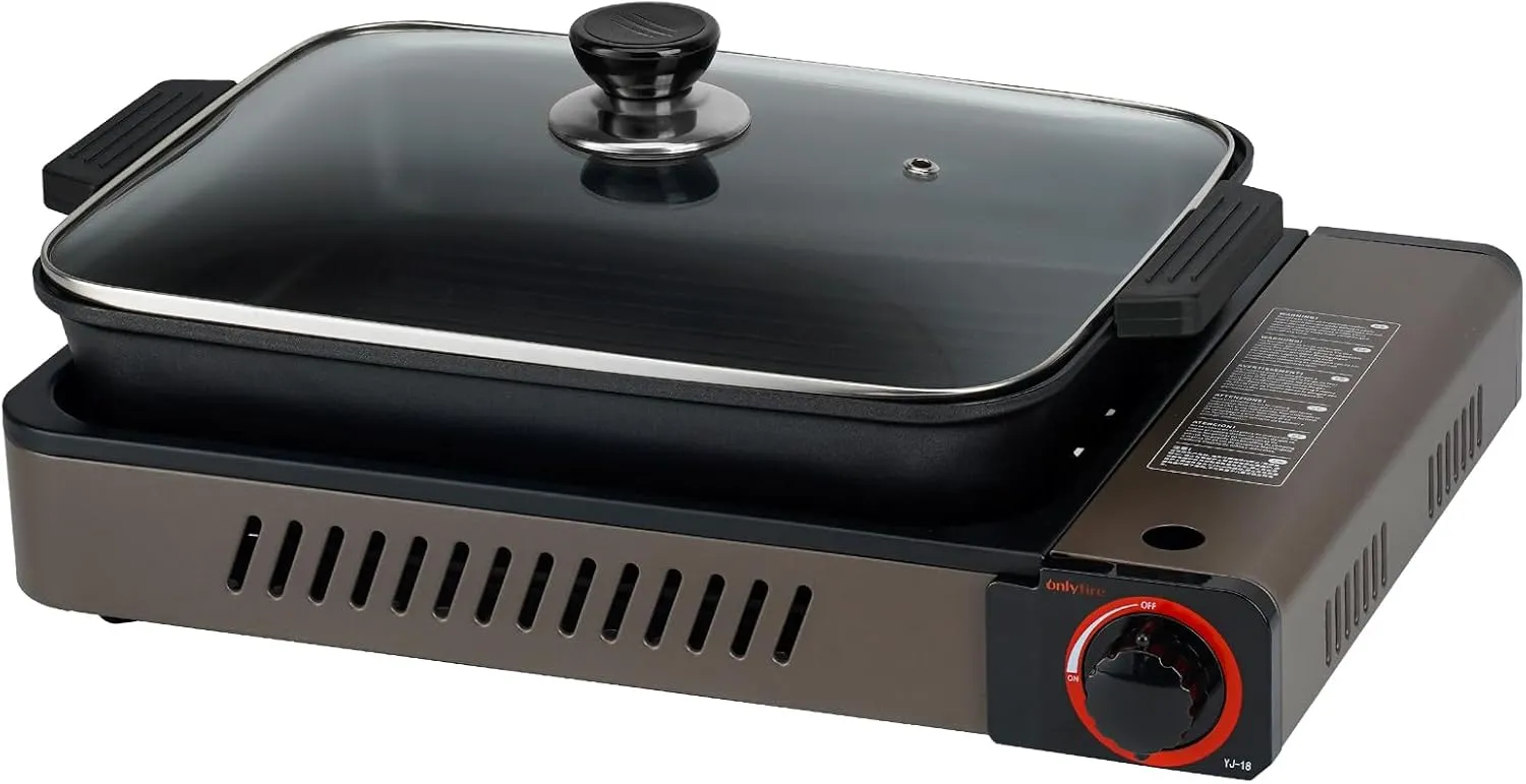 ONLYFIRE Butane Stove with Grill Pan, Portable Stove with Small Griddle & Lid, Camping Stove Instant Ignition, Camp Stove for Cooking, Patio Backyard, Camping, RV and Emergency Use, GS349