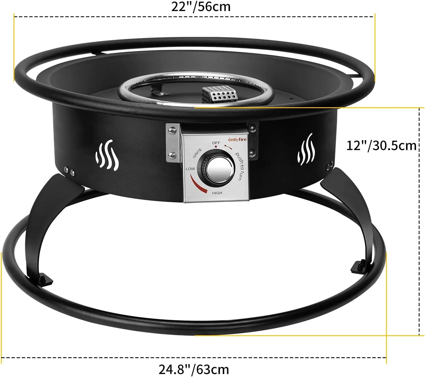 ONLYFIRE Outdoor Smokeless Fire Pit 22”, Portable Fireplace with 12Ft Hose & Lava Rocks, 55000BTU Propane Gas Fire Pit for Patio & Backyard Bonfire Camping, FP001