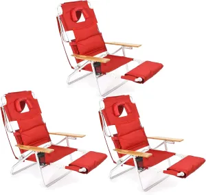 Ostrich Deluxe 3N1 Outdoor Portable Foldable Adjustable Sport Lounge Chair with Padded Seats, Footrest, and Built-in Cup Holder, Red (3 Pack)