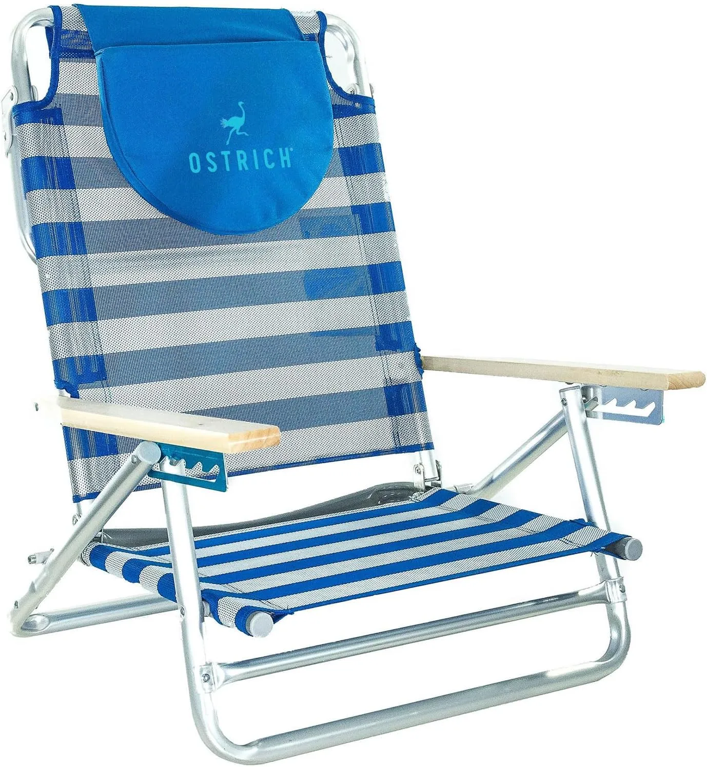 Ostrich South Beach Sand Chair, Beach Reclining Lawn Chair w/Carry Strap, Outdoor Furniture for Pool, Camping, or Backyard, Blue Stripe
