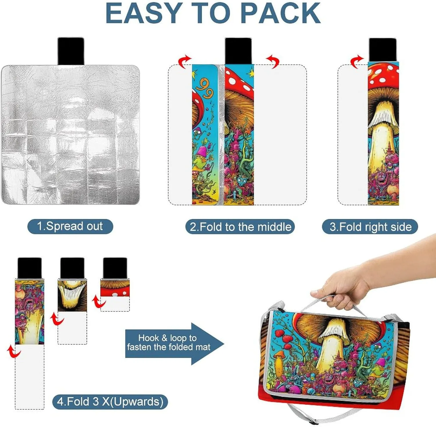 Outdoor Foldable Mat with Strap, Waterproof Trippy Mushroom Magic Art Blanket for Beach Camping Park Travel Grass Accessories