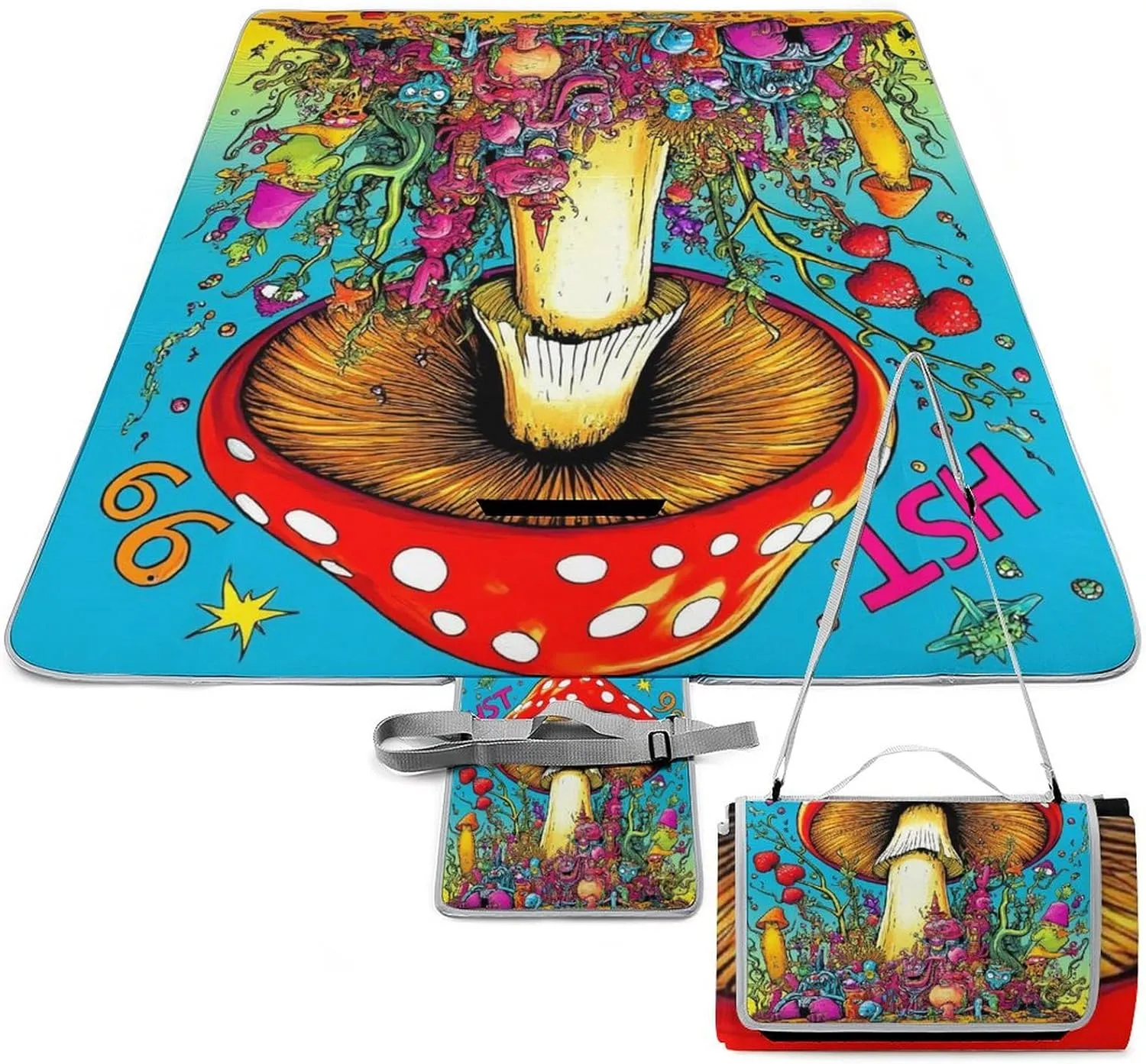 Outdoor Foldable Mat with Strap, Waterproof Trippy Mushroom Magic Art Blanket for Beach Camping Park Travel Grass Accessories