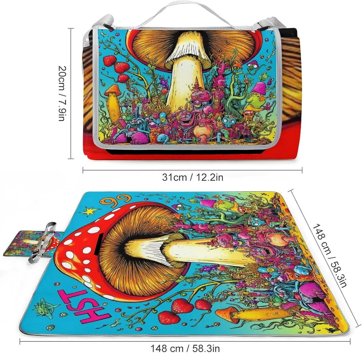 Outdoor Foldable Mat with Strap, Waterproof Trippy Mushroom Magic Art Blanket for Beach Camping Park Travel Grass Accessories