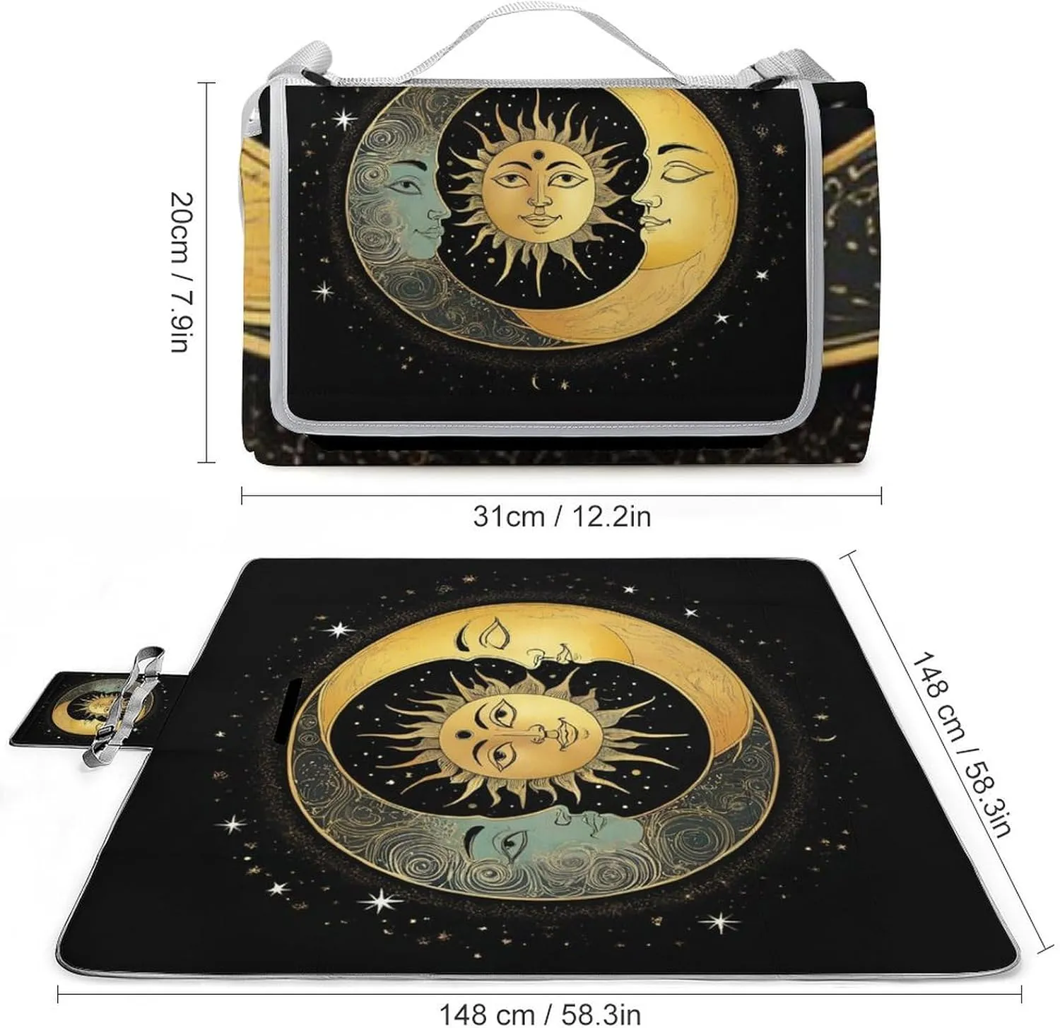 Outdoor Foldable Sun Crescent Moon Stars Astrology Tarot Cards Mat for Women Men Unisex, Waterproof Sand Beach Blanket for Camping Picnic Travel Park
